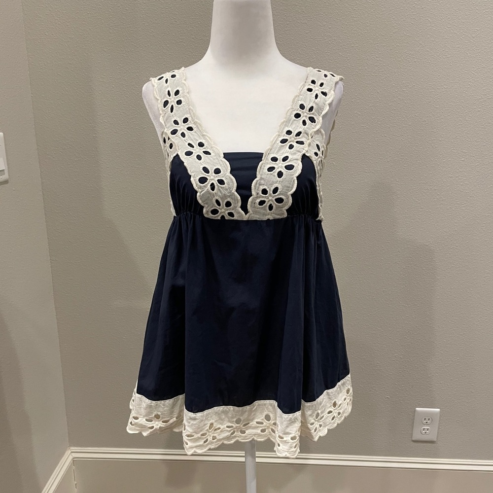 Navy and cream cotton eyelet babydoll top